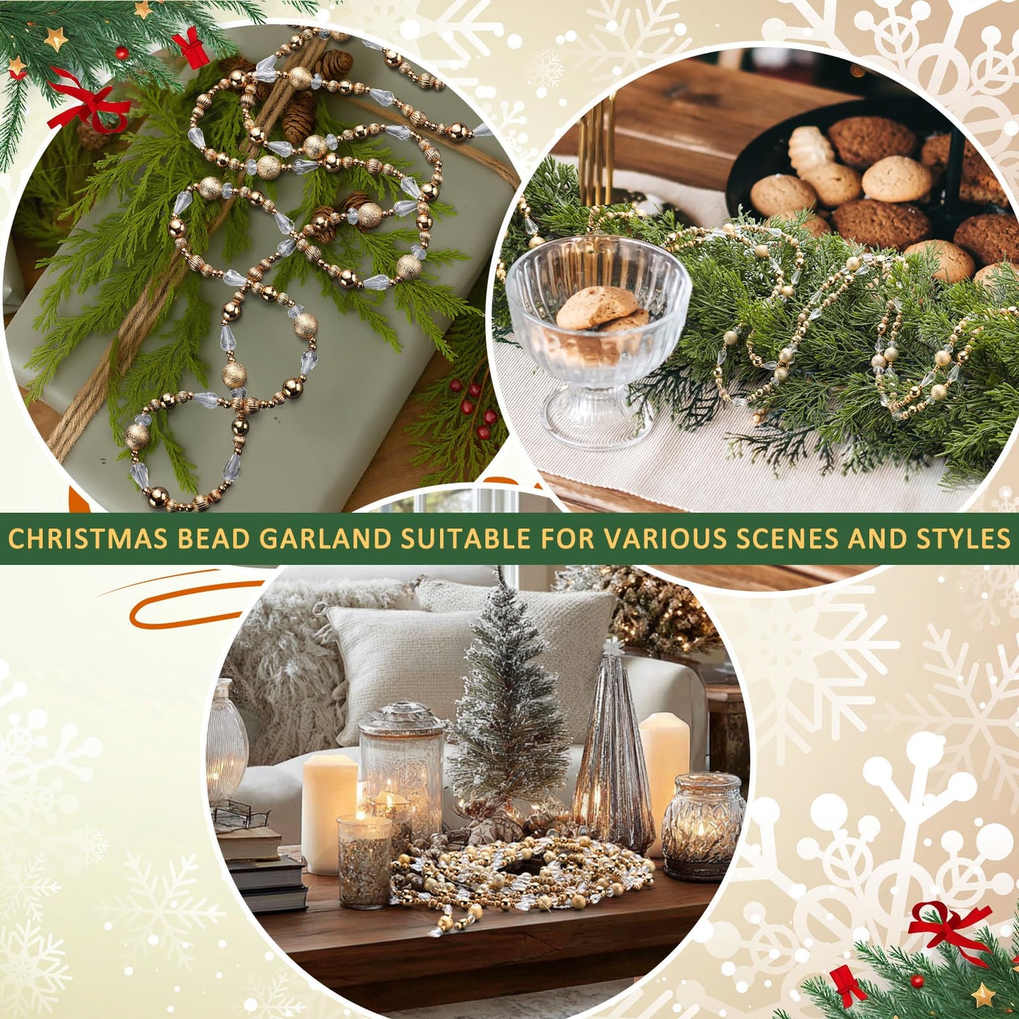 Highergo 16ft Christmas Tree Bead Garland Retro Bead Garland Candy Christmas for Tree Party Supplies Staircase Fireplace Hanging Ornaments (Gold,Ornaments)