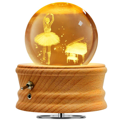 Hwawhin 3D Crystal Ball Music Box with Projection LED Light and Rotating Wooden Base for Christmas, Birthday, Valentine's Day - Music Boxes for Women, Mums and Girls
