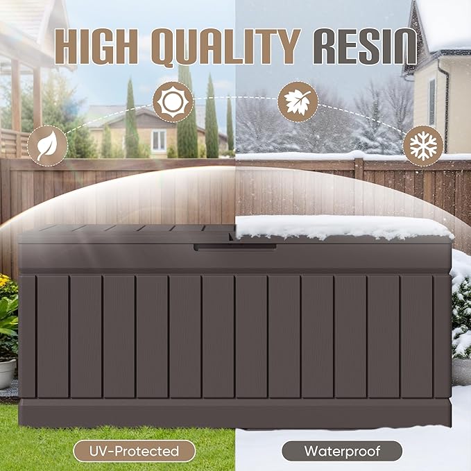 JUMMICO 78 Gallon Outdoor Deck Box Large Resin Storage Box for Patio Furniture Cushions and Garden Tools (Brown)