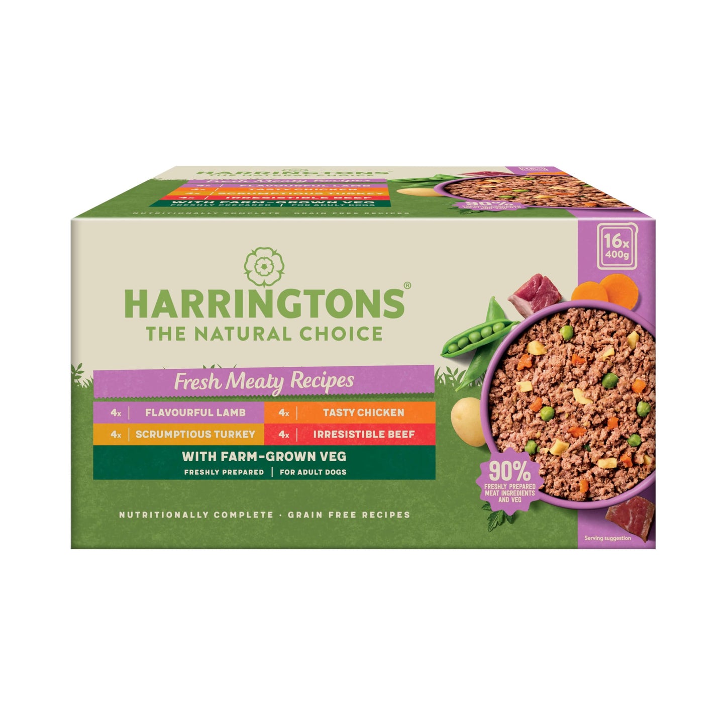 Harringtons Complete Wet Tray Grain Free Hypoallergenic Adult Dog Food Meaty Bumper Pack 16x400g - Chicken, Lamb, Beef & Turkey - Made with All Natural Ingredients (Package may vary)