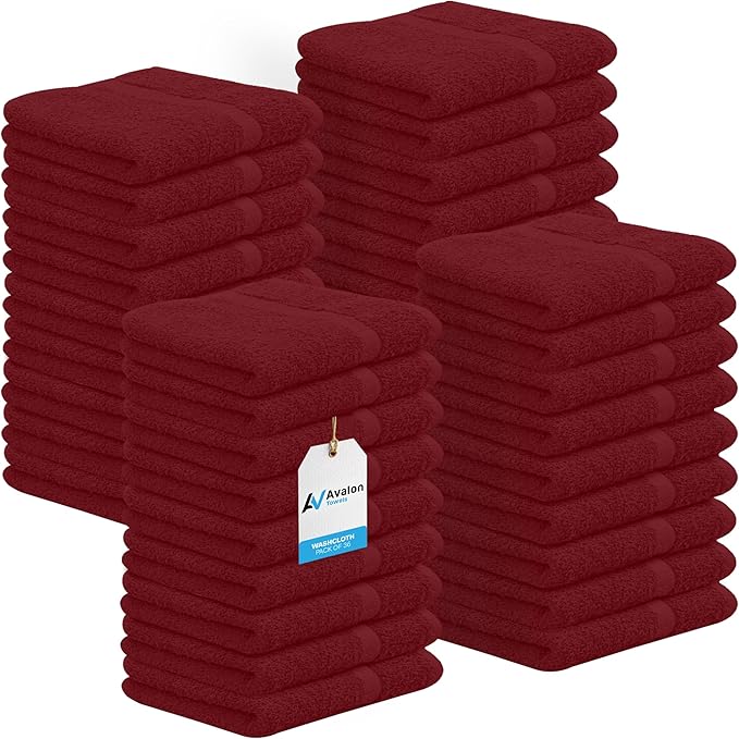 Avalon Towels Cotton Washcloths – Size 12x12 Inches, 100% Ring Spun Cotton