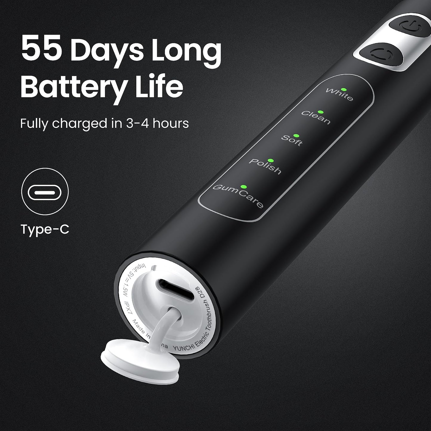 YUNCHI C3 Electric Toothbrushes for Adults,8 Brush Heads and Travel Case,Sonic Toothbrush with 5 Modes and 2 Mins Smart Timer, Black