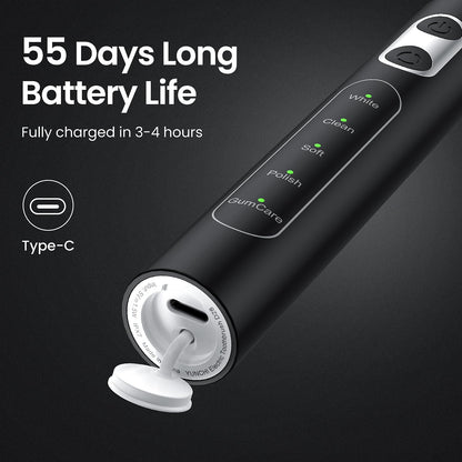 YUNCHI C3 Electric Toothbrushes for Adults,8 Brush Heads and Travel Case,Sonic Toothbrush with 5 Modes and 2 Mins Smart Timer, Black