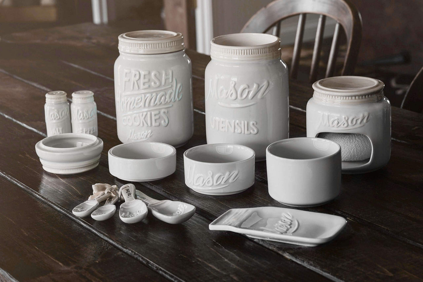 Farmhouse Canisters Sets for the Kitchen - Mason Jar Ceramic Kitchen Utensil Holder, Spoon Rest, Cute Cookie Jar, Salt & Pepper Shaker Sets, Sponge Holder, Measuring Cups & Spoons (White,17-Pc Bundle)