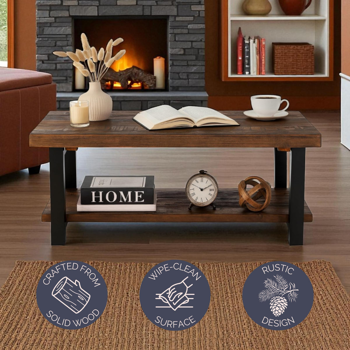 Pomona 42-Inch Rectangular Solid Wood Coffee Table with Storage Shelf & Metal Legs – Rustic Industrial Farmhouse Living Room Table by Alaterre Furniture (Rustic Natural)