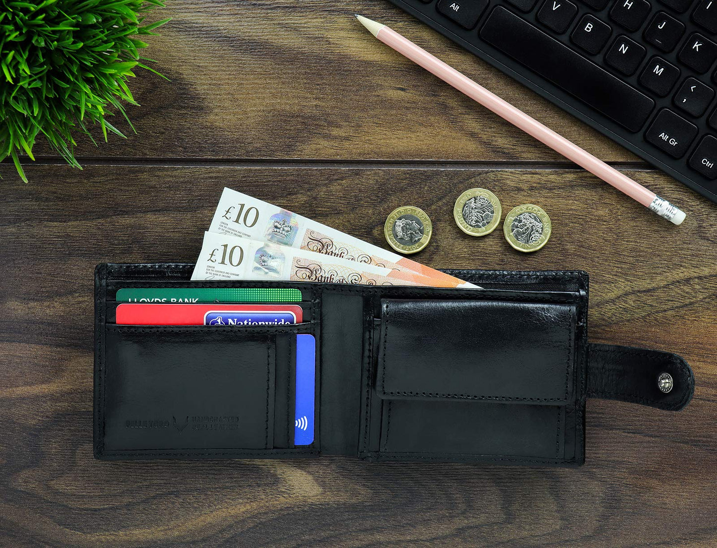 PELLE TORO All-in-One Handmade Mens Wallet with RFID Blocking, Coin Pocket, Fine Leather Card Wallet for Men with 8 Slots and Zip Section, in Wooden Gift Box, Black