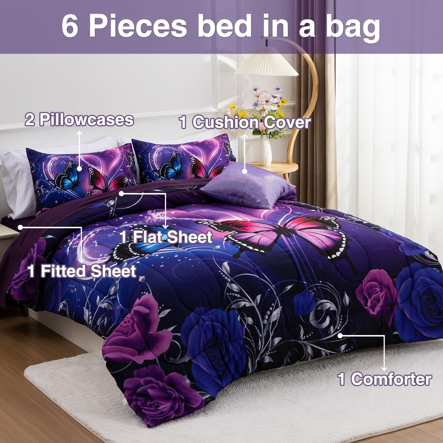A Nice Night Galaxy 6pcs Bed in A Bag Purple and Blue Dreamy 3D Butterfly Printed, Butterflies Bedding Twin Comforter Set, for Girls Kids Teens