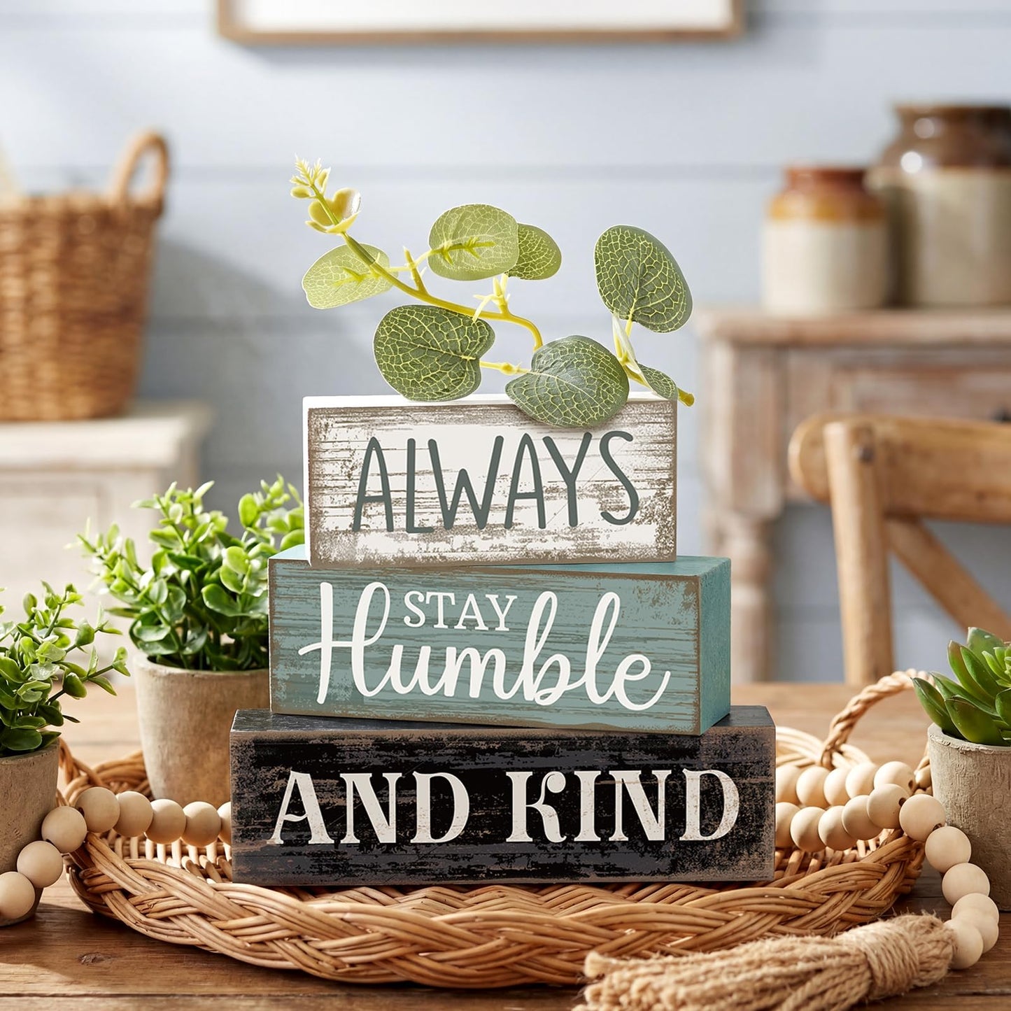 Lineshading 4 Pcs Inspirational Farmhouse Table Decor Always Stay Humble and Kind Stacked Wooden Block Signs with Inspirational Quote Eucalyptus Leaves for Home, Living Room, Shelf Housewarming Gift
