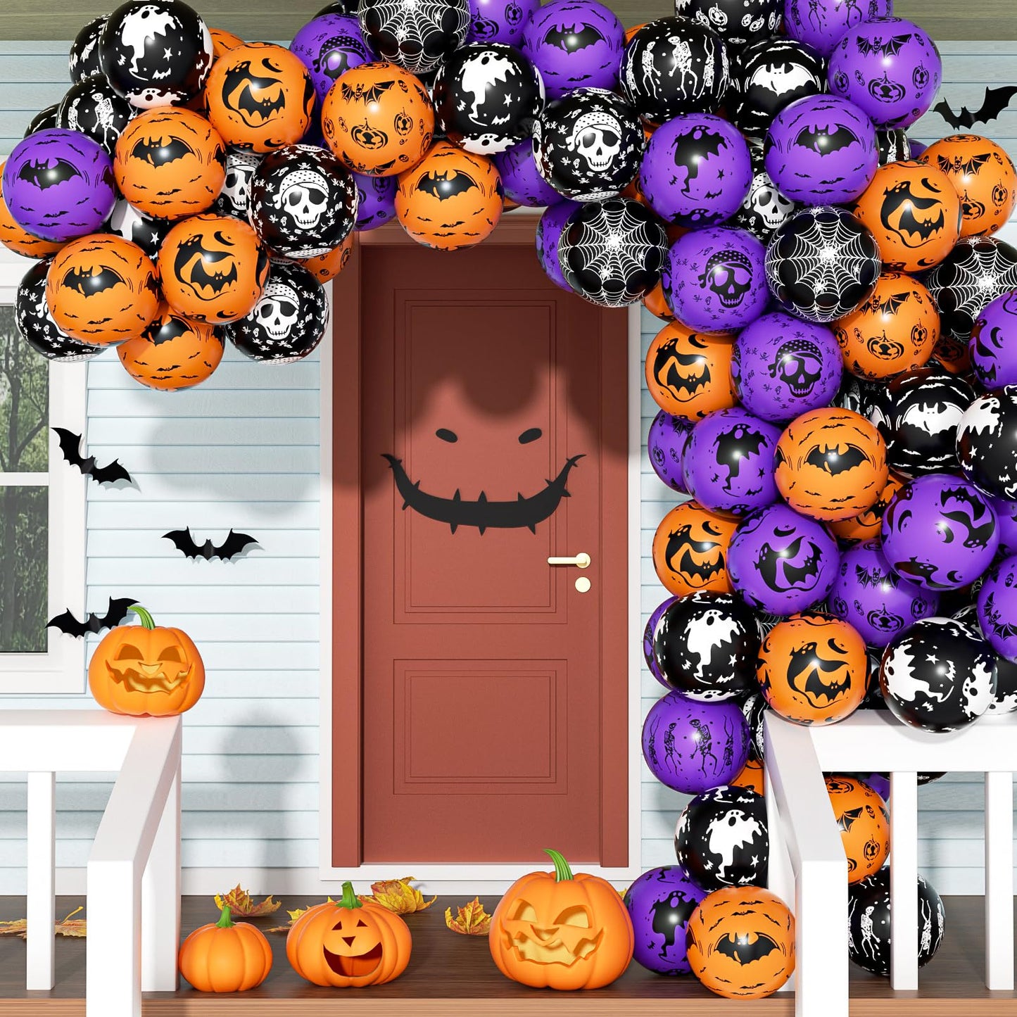 Halloween Balloons, 60Pcs 12 Inches Balloons 9 Styles Black Orange Purple Halloween Pumpkin Ghost Bat Skull Spider Webs Print Balloons for Halloweenn Party Decorations Halloweene Party Supplies