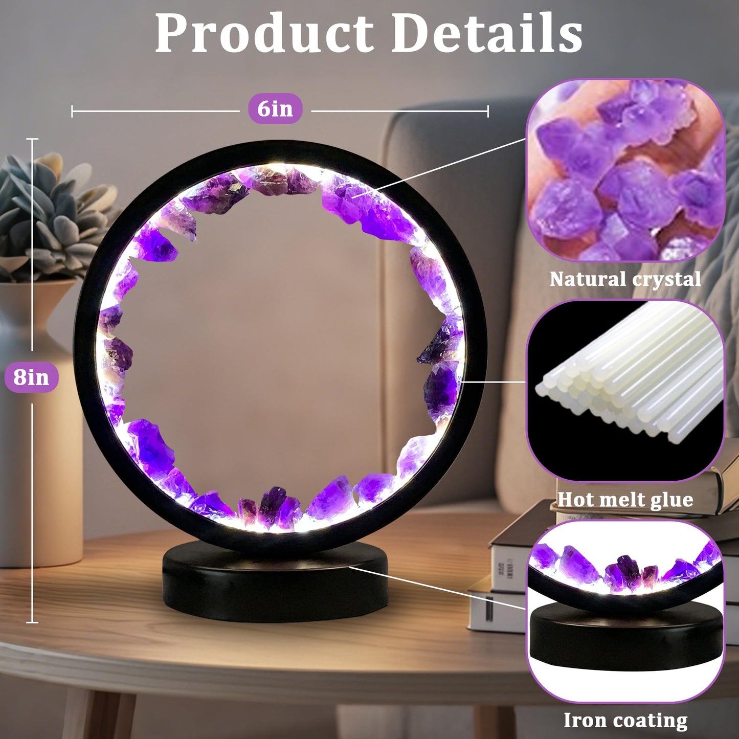 Crystals Night Light Amethyst Table Lamp,Natural Raw Amethyst Selenite Calming Lamps Crystal Healing Stone Bedside Light with 3 Color Dimming Mode,Nightlight for Office Mother's Day Birthday Gifts