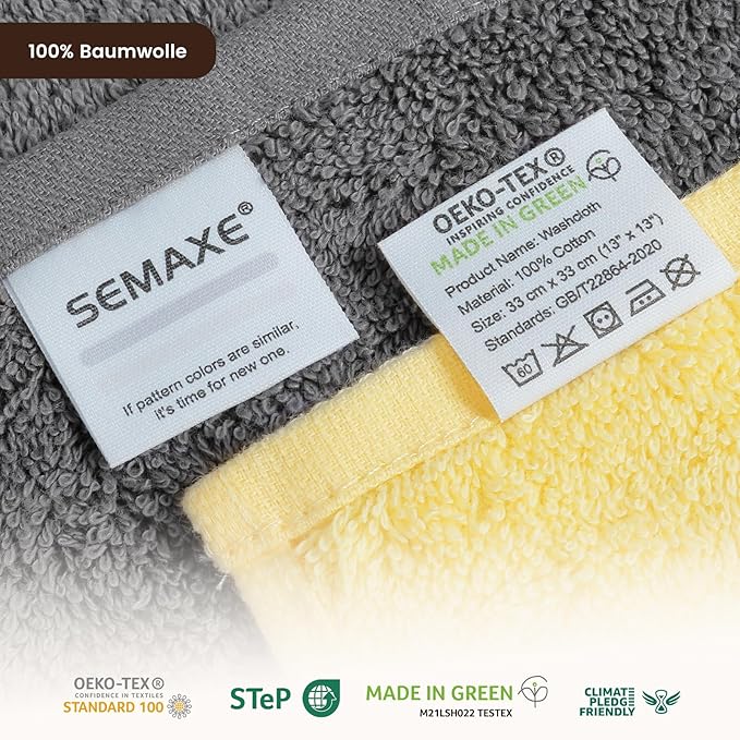 SEMAXE 100% Cotton Washcloths 12-Pack, 13 × 13 Inch Soft Luxury Face Towels –