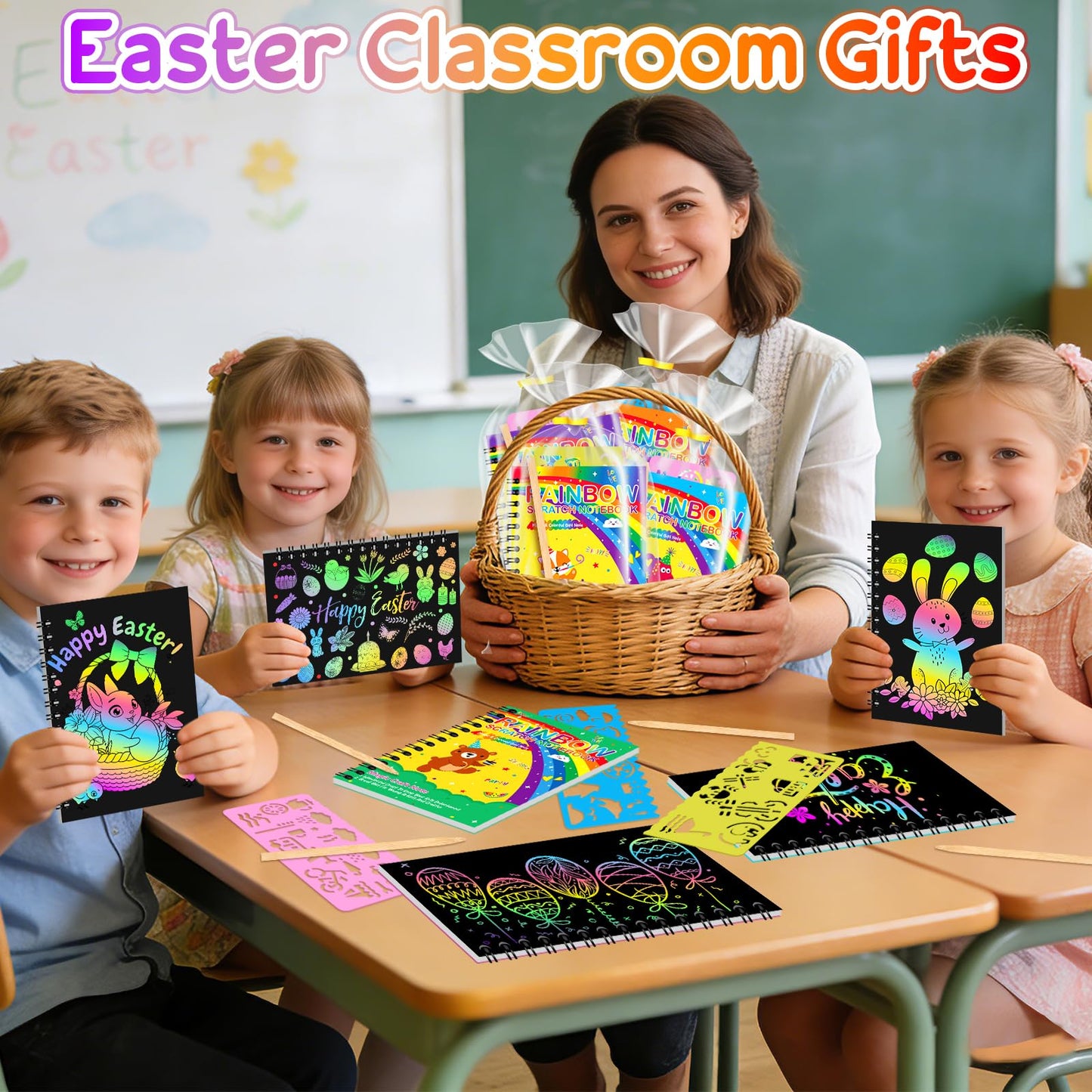 24Pack Rainbow Scratch Notebook Party Favor For Kids 4-8 8-12 Scratch Art Paper Basket Stuffers, Easter Coloring Books Classroom School Exchange Prizes Girl Toys Boy Students Toddlers Goodie Bags