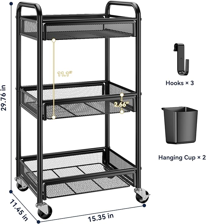 YASONIC 3 Tier Rolling Cart – Metal Utility Storage Carts