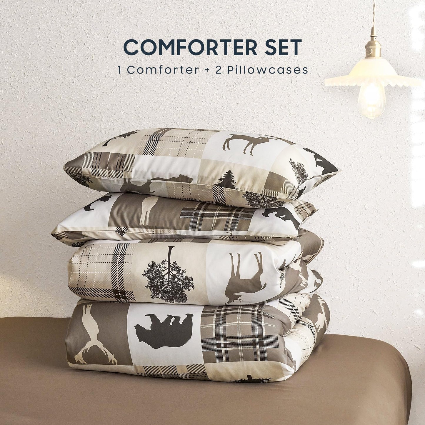 Wake In Cloud - Rustic Comforter Set, Cabin Christmas Lodge Western Country Bear Deer Moose Woodland RV Outdoor Theme, Soft Lightweight Bedding, 3 Pieces, Taupe, Queen Size