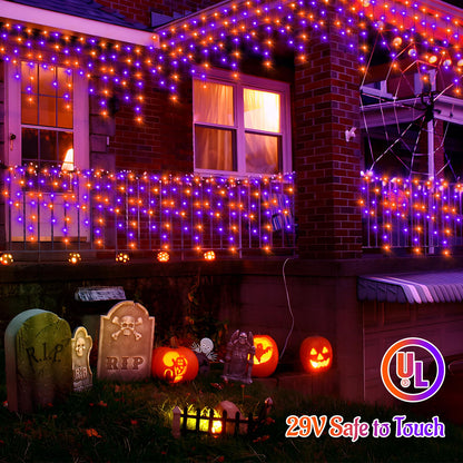 KNONEW 99FT 960 LED Orange Purple Halloween Lights Outdoor Black Wire String Lights with 180 Drops, 8 Lighting Modes, Timer Memory Function Hanging Curtain Lights for Halloween Party