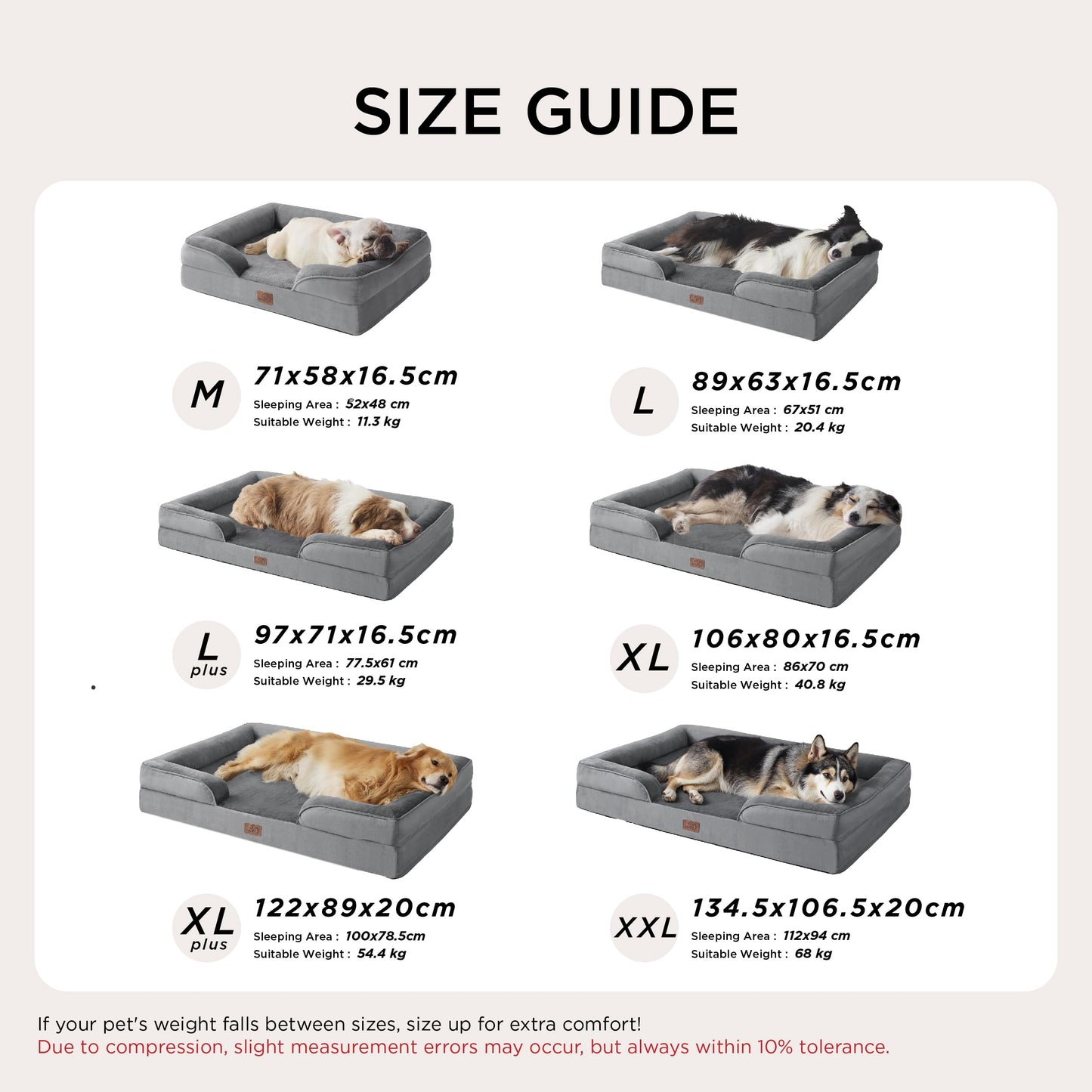 Bedsure Large Dog Bed Sofa - Washable Orthopedic Dog Beds and Couch with Removable Flannel Cover, Waterproof Dog Pillow with U-Shape Bolster, Grey Squre Pet Bed, 89x63x16cm