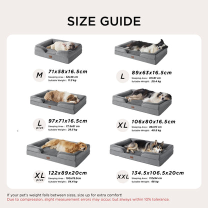 Bedsure Large Dog Bed Sofa - Washable Orthopedic Dog Beds and Couch with Removable Flannel Cover, Waterproof Dog Pillow with U-Shape Bolster, Grey Squre Pet Bed, 89x63x16cm