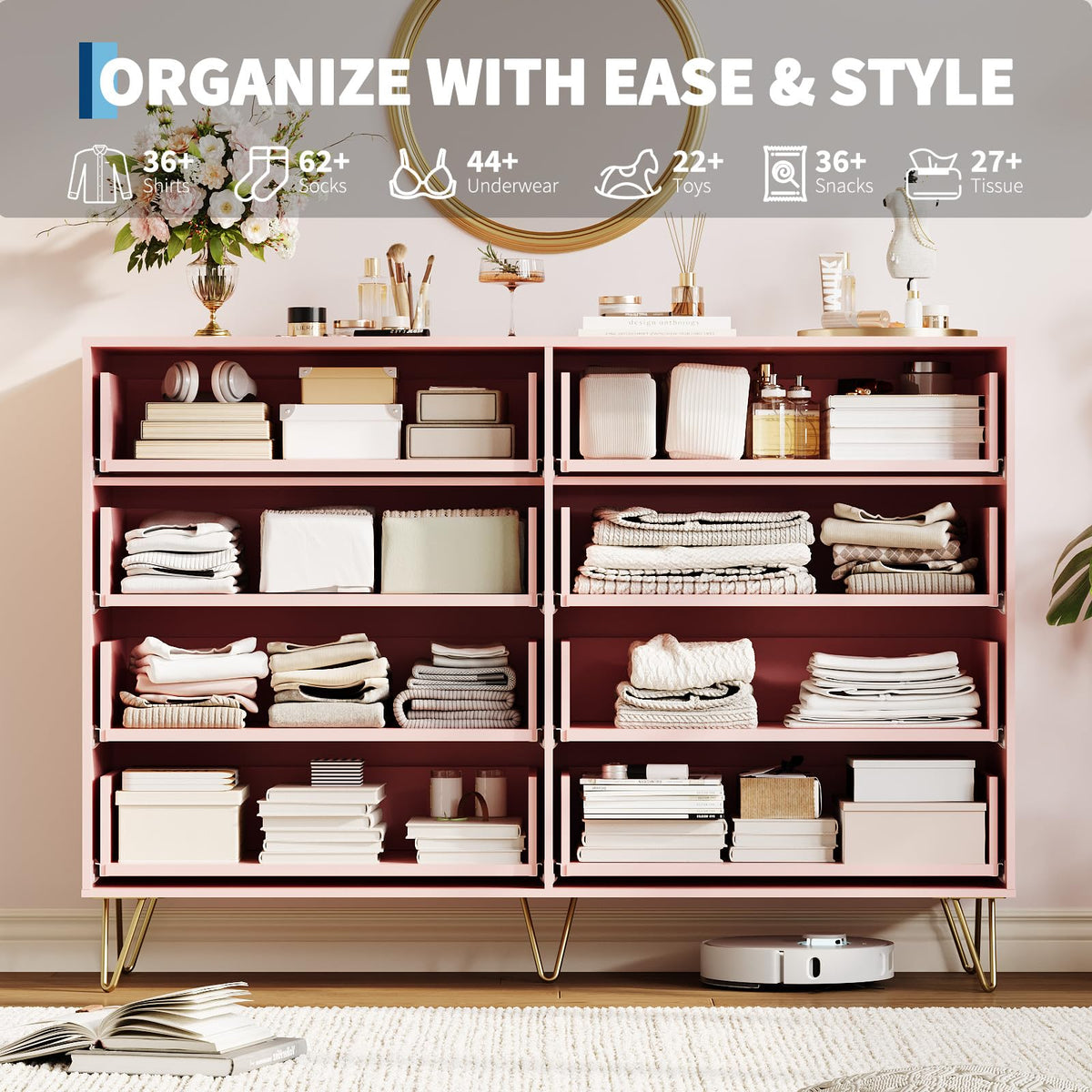 GarveeHome Fluted Dresser for Bedroom with 8 Drawers,55" Wide Modern Chest of Wooden Bedroom Chest with Metal Handle,Clothes Storage Organizer,Dresser & TV Stand for Living Room,PIink