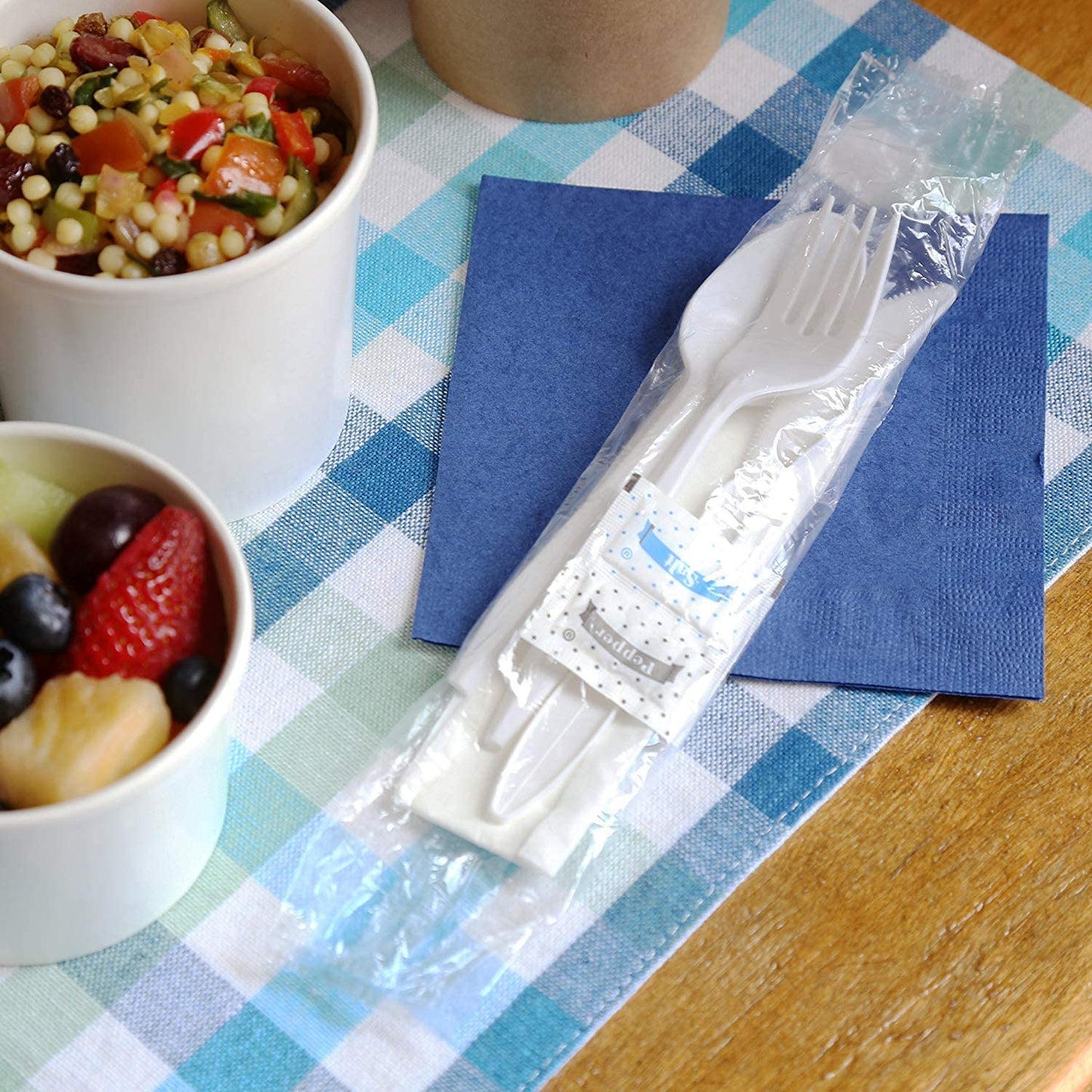 250 White Plastic Cutlery Packets - Knife Fork Spoon Napkin Salt Pepper Sets, Individually Wrapped Disposable Silverware