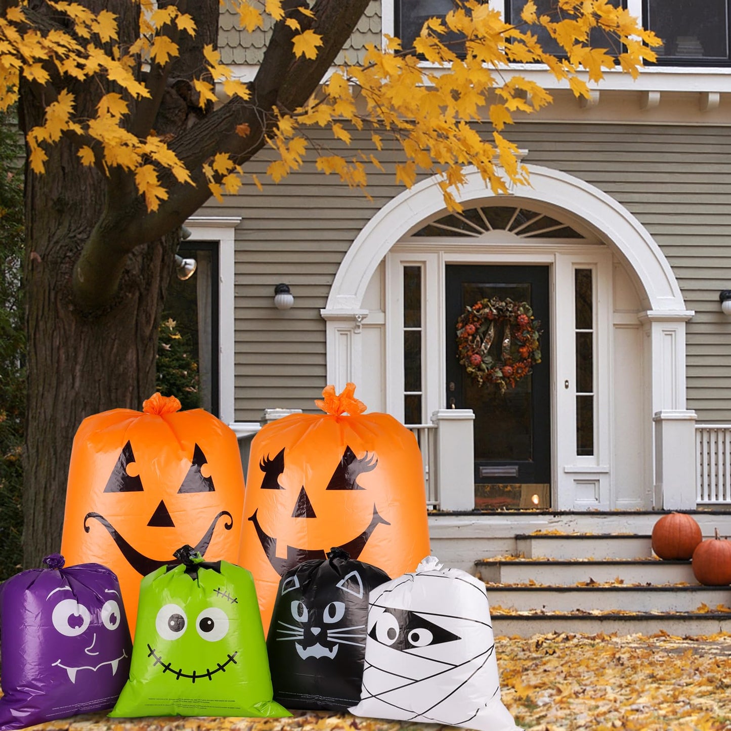 POPGIFTU 12 Pack Halloween Lawn Leaf Bags - Heavy Duty Plastic Trash Bags with Twist Ties, 6 Designs Large Pumpkin Yard Waste Bags for Garden, Lawn, Porch, Indoor Outdoor Halloween Decorations