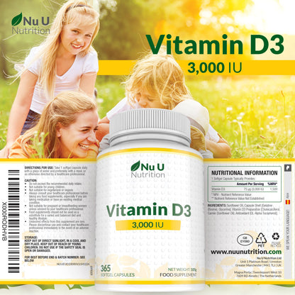 Vitamin D 3000IU - 365 Softgel Capsules - 1 Year Supply - Triple Strength Vitamin D3 Supplement - High Absorption Cholecalciferol - Gluten & Dairy Free by Nu U Nutrition
