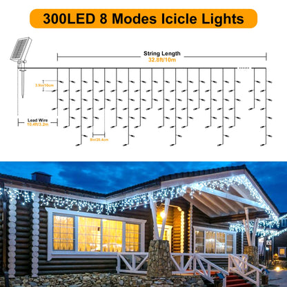 mimigogo 300 LED Solar Icicle Lights Outdoor with Remote Control, 33ft 8 Modes Curtain String Lights with 50 Drops, Christmas Holiday Wedding Party Decorations, White