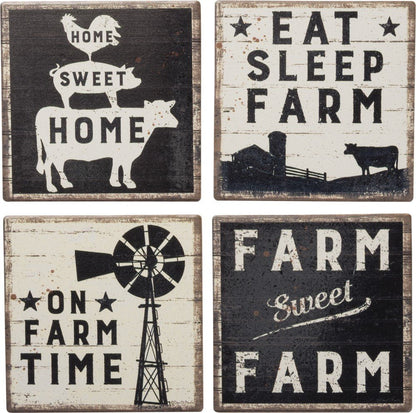 Primitives by Kathy Set of 4 Absorbent Stone Coasters, Rustic Farmhouse Coaster Designs, Farm Sweet Farm, Includes Wire Holder, Slatted Wood Style with Distressed Details, 4 by 4 Inches Each
