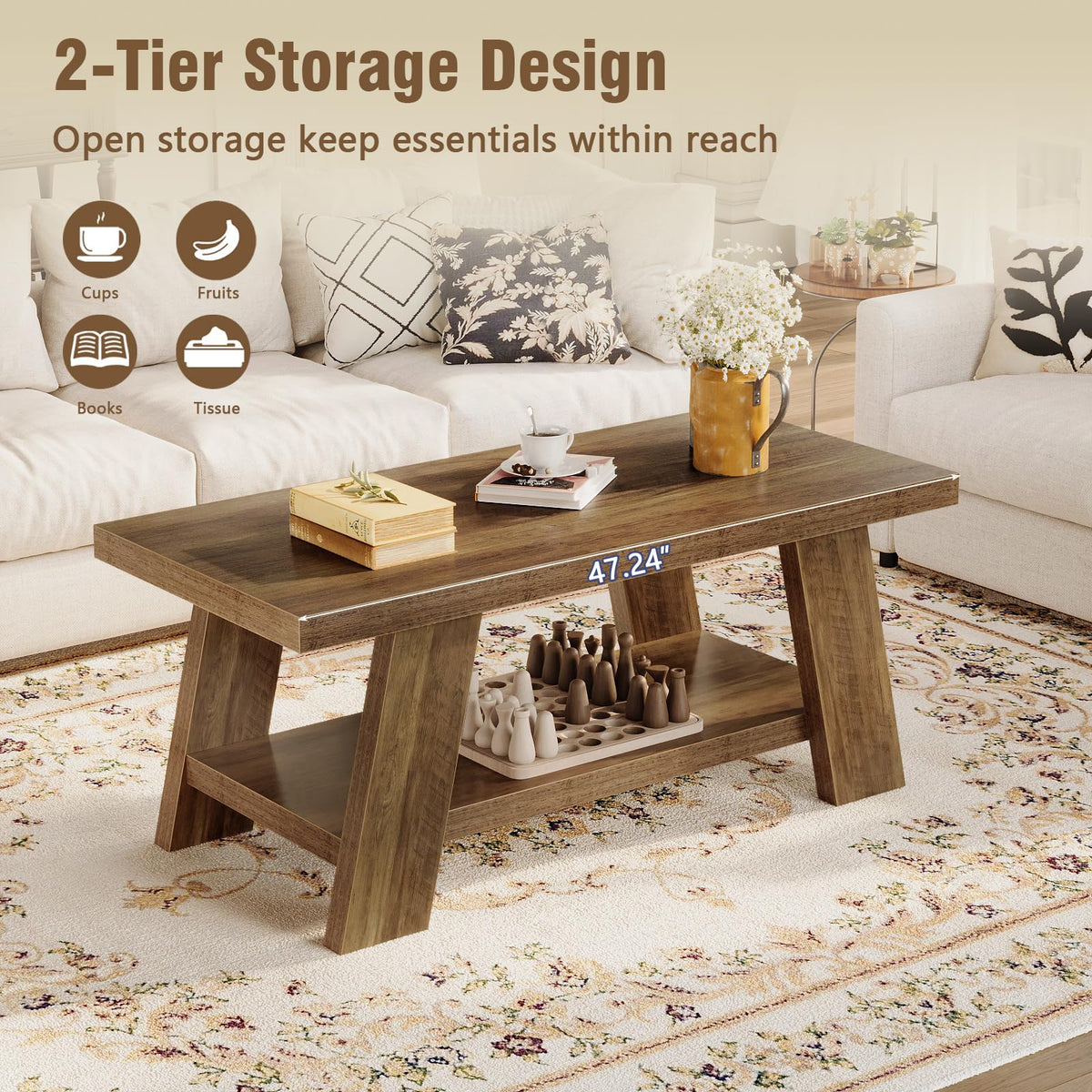 Tohomeor 47.24" Coffee Table for Living Room, Farmhouse Solid Wood Coffee Table with Storage, Rectangle Rustic Accent Center Table with for Home Apartment Office, Retro Brown