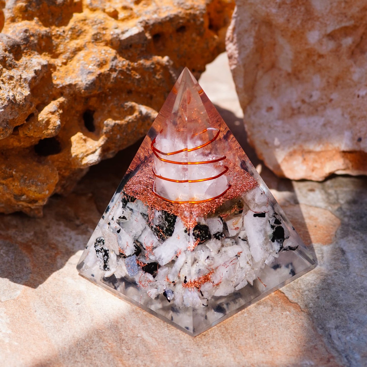 Ever Vibes Rainbow Moonstone Orgone Pyramid - Handmade Healing Crystal Gemstone for Positivity, Strength, Meditation, Reiki, Yoga, Spiritual Gift, Home & Office Decor