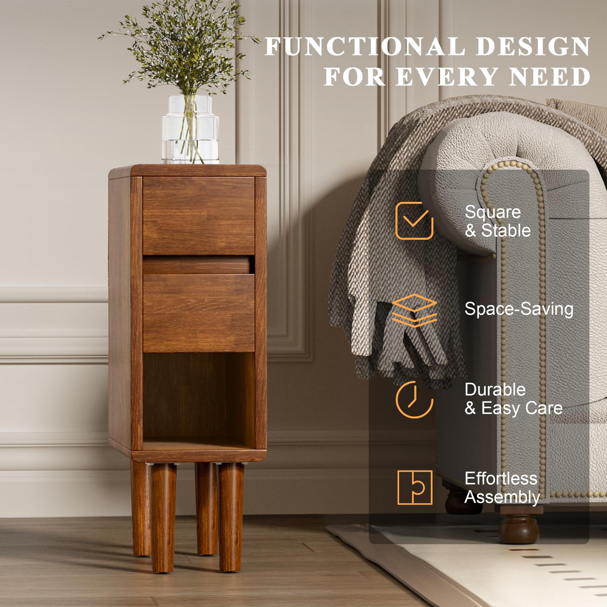 Narrow Nightstand 2 Drawers with Open Shelf Narrow Night Stand Solid Wood Bedside Table Mid Century Modern Nightstand Wooden End Table for Bedroom, Study, Office