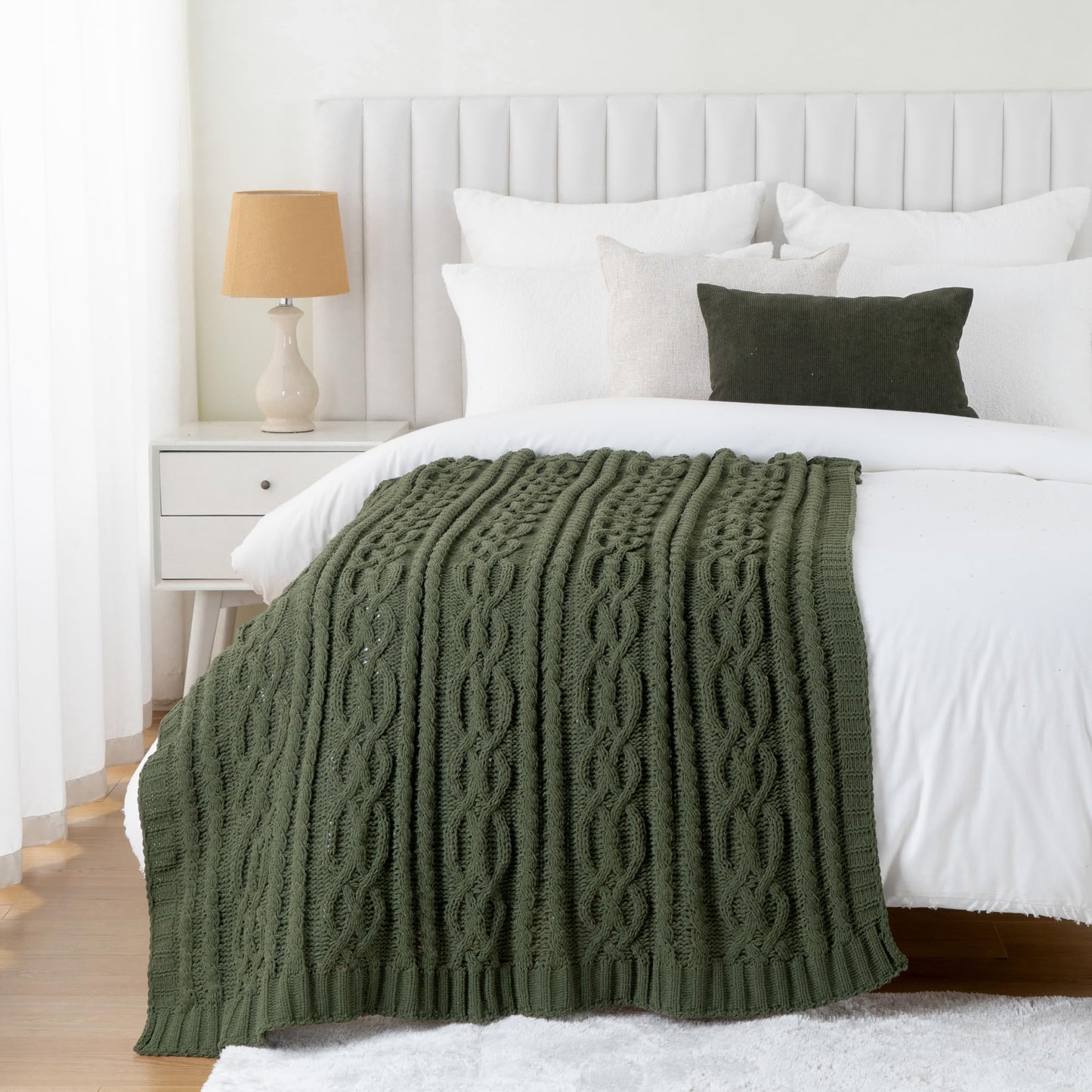 Battilo Olive Green Throw Blanket for Couch, Chunky Cable Knit Blanket, Woven Soft Cozy Chenille Throw Blanket for Bed, Sofa, Chair, Living Room, 51"x67"