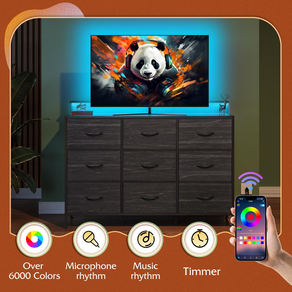 WLIVE Black Dresser TV Stand for 45, 50, 55 inch TV, Entertainment Center with LED Lights & Charging Station, Chest of drawers with 9 Fabric Drawers and Open Shelves for Living Room, Hallway, Wood Top