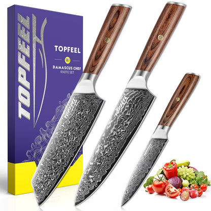 Damascus Kitchen Knife Set 3 PCS, Ultra Sharp Chef Knife Set With Japan VG-10 Steel Core, Professional High Carbon Steel Japanese Knife Sets for Cooking With Ergonomic Wooden Handle & GIFT BOX