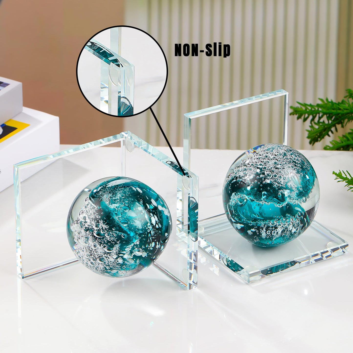 Book Ends for Shelves, Glass Bookends with Dark Blue Glass Hand Blown Sea Wave Ball, Non Skid Sturdy Decorative Bookends for Ocean Lovers, Heavy Books, Office, Set of 2