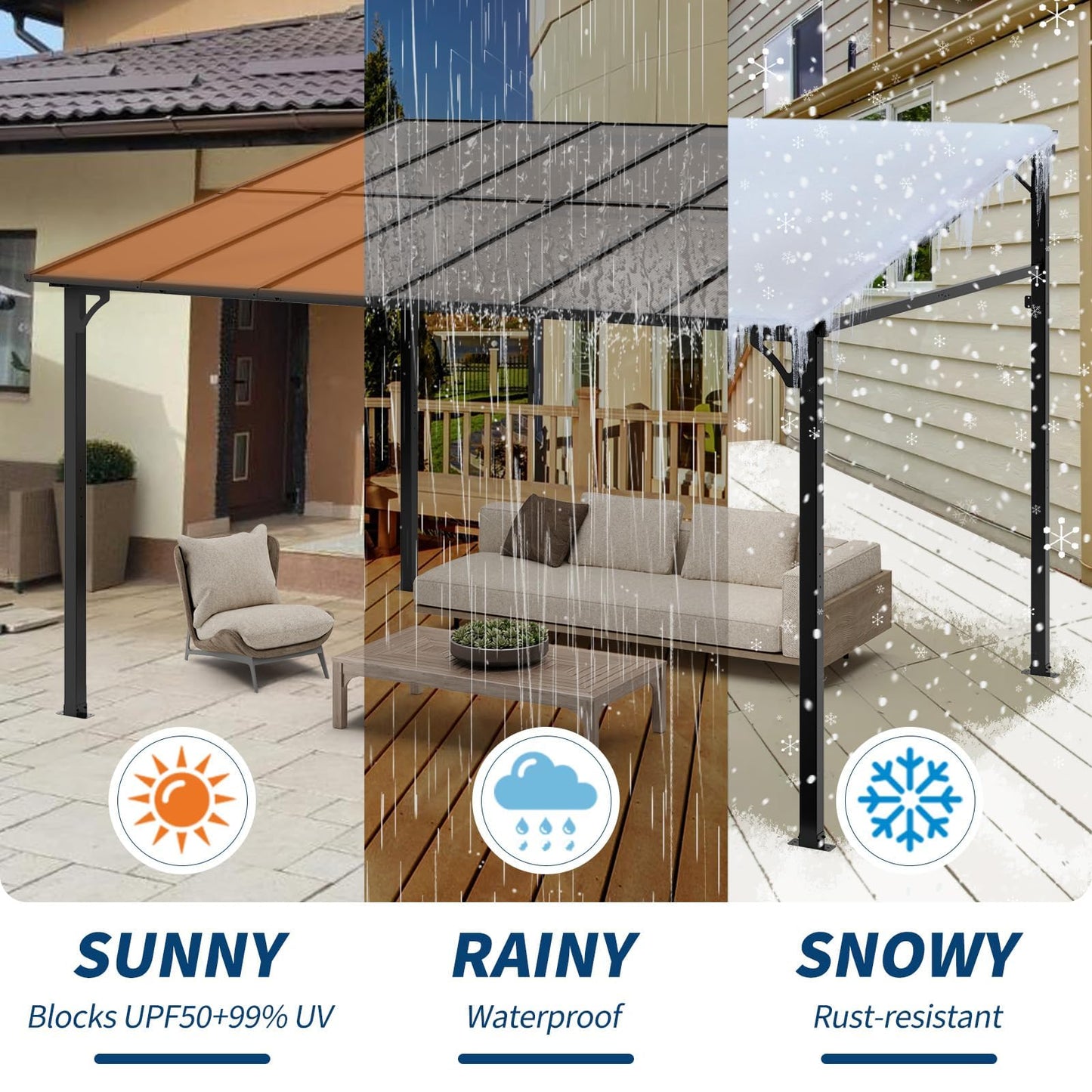 10'X12' Lean to Gazebo, Wall-Attached Hardtop Pergola with Anti-UV Polycarbonate Roof, Aluminum Frame Outdoor Patio Cover for Deck, Yard and Party
