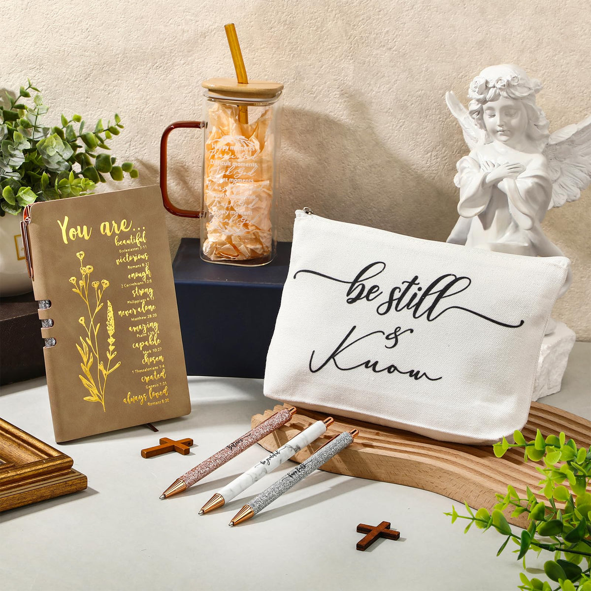 Skylety 6 Pcs Christian Gifts Set for Women Prayer Journal with Pens Makeup Bag Glass Cup Bible Study Supplies for Church Office Teacher Mother's Day Birthday Graduation Religious Gifts(Brown)