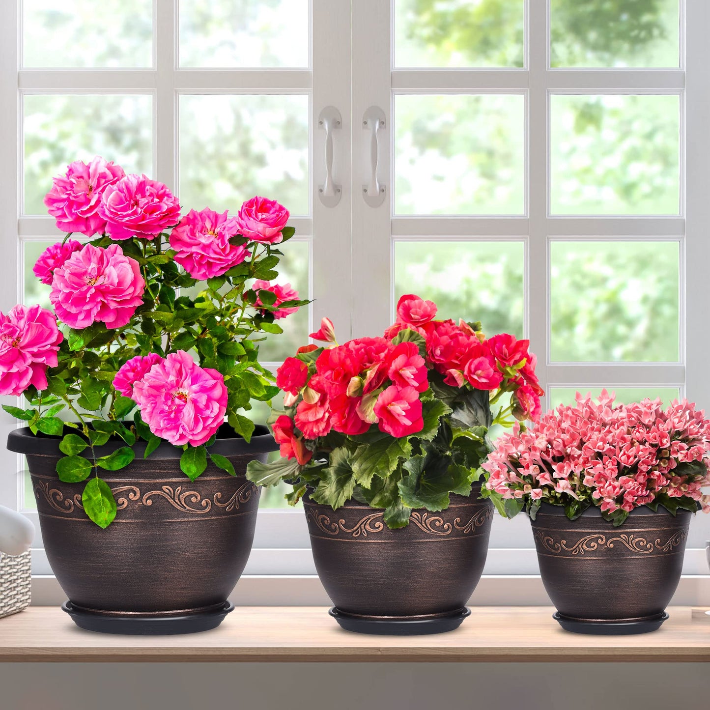 20cm-Plastic-Plant-Flower-Planters Indoor Outdoor, 6 Packs Lightweight Flower Pot With Drainage Hole & Saucer, Retro Antique Imitation Decorative Garden Pots For Houseplants