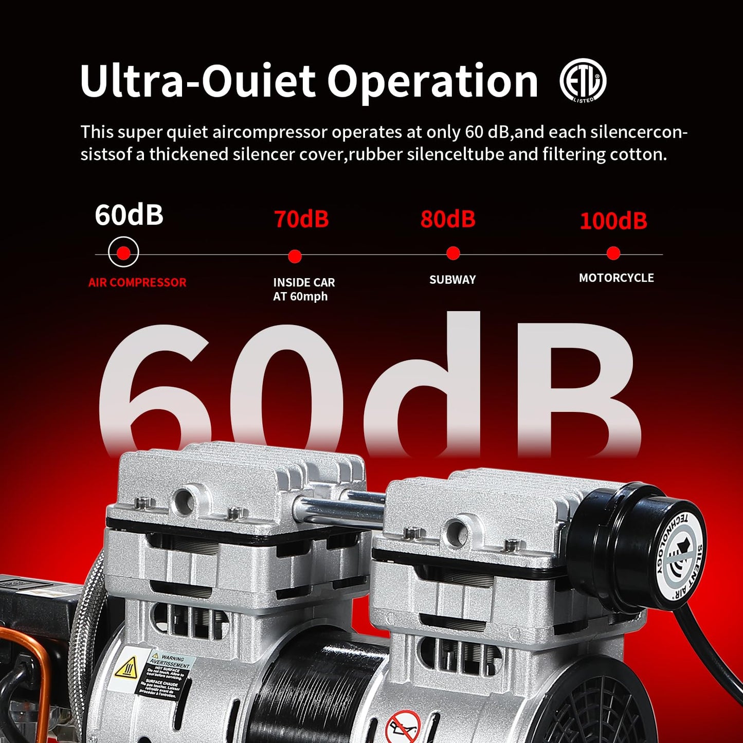 8 Gallon Portable Air Compressor 1HP 2.5 CFM@90PSI 60dB Ultra Quiet Oil Free Air Compressor Ideal for Tire Inflation Pneumatic Tool Spray Painting