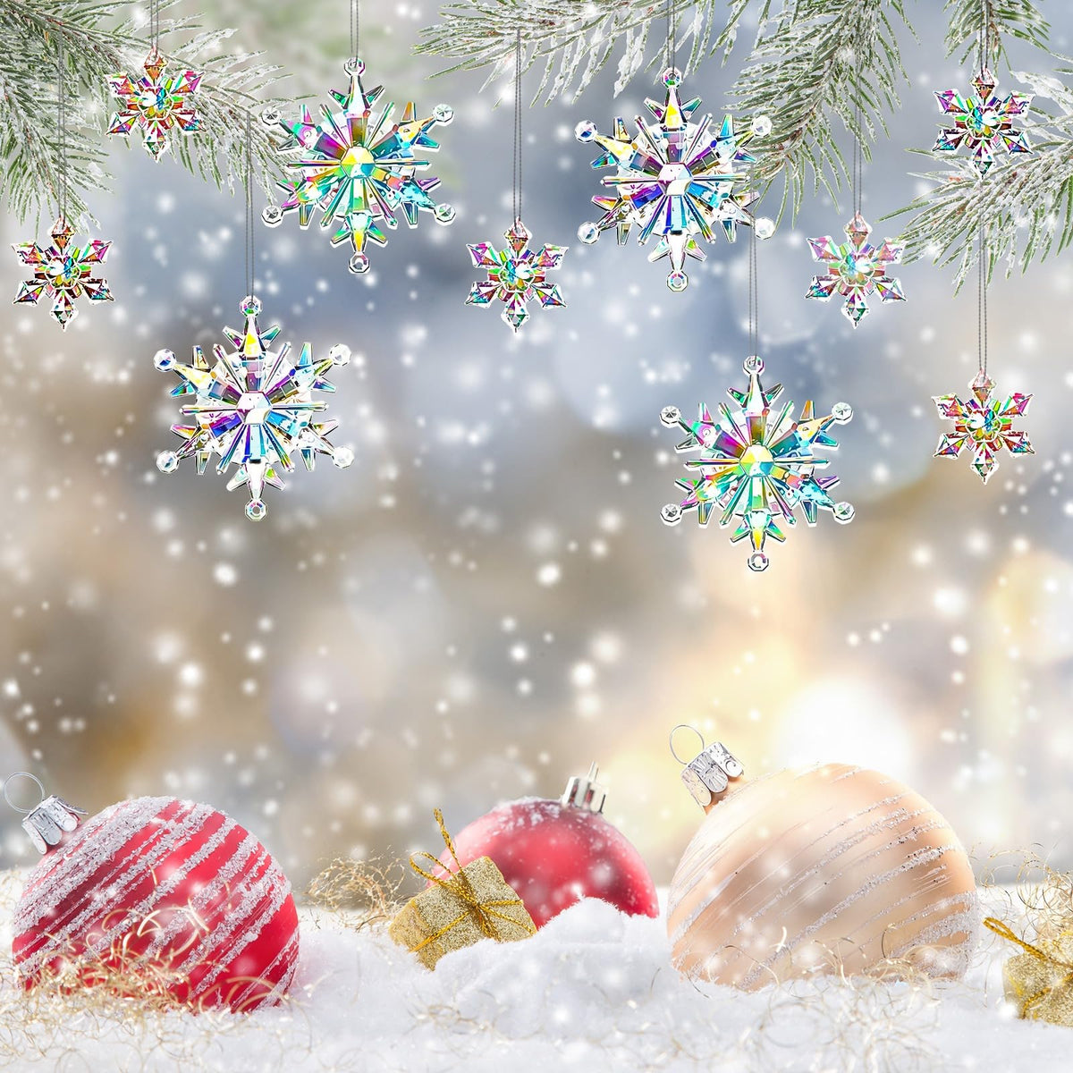 BOARDFEB 60Pcs Christmas Acrylic Snowflake Ornaments Winter 3D Translucent Snowflake Hanging Ornaments for Tree Crystal Iridescent Pendants with Rope for Holiday Party DIY Decor (Laser)