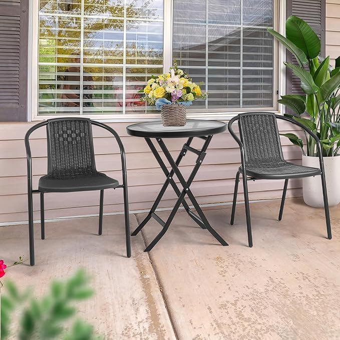 VINGLI PE Rattan Outdoor Dining Chairs Set of 2, Plastic Stackable Patio Chairs for Indoor, Porch, Restaurant, Garden, Black