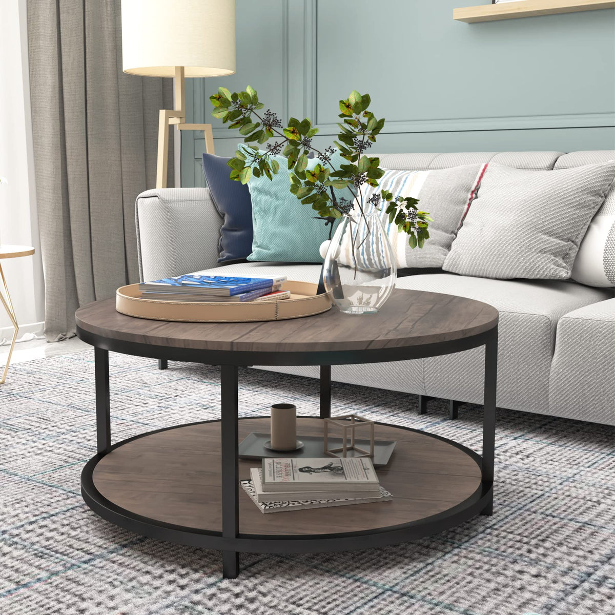 NSdirect Round Coffee Table,36" Coffee Table for Living Room,2-Tier Rustic Wood Desktop with Storage Shelf Modern Design Home Furniture(Light Walnut)