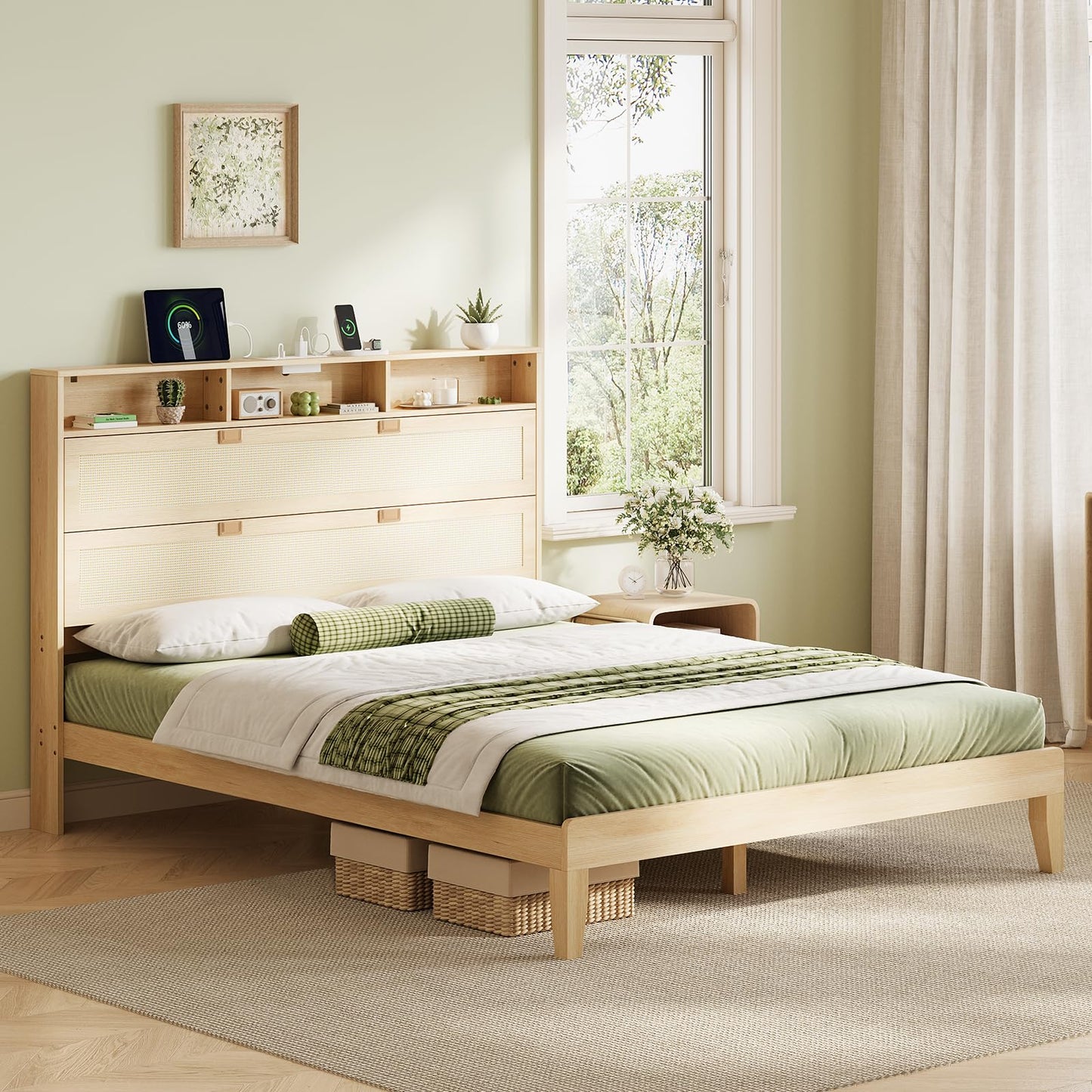 VINGLI Full Size Platform Bed Frame with Storage Headboard and Charging Station, Modern Rattan Wood Bed with Shelves,Space Saving Bed Frame for Bedroom or Guest Room