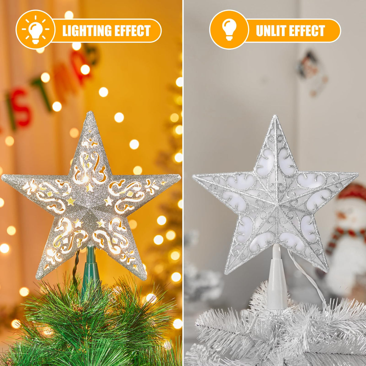 8" Silver Glittered Hollow Christmas Star Tree Topper with Built-in 10-Bulb String Lights and 2 Fuses for Holiday Decor, Green Base