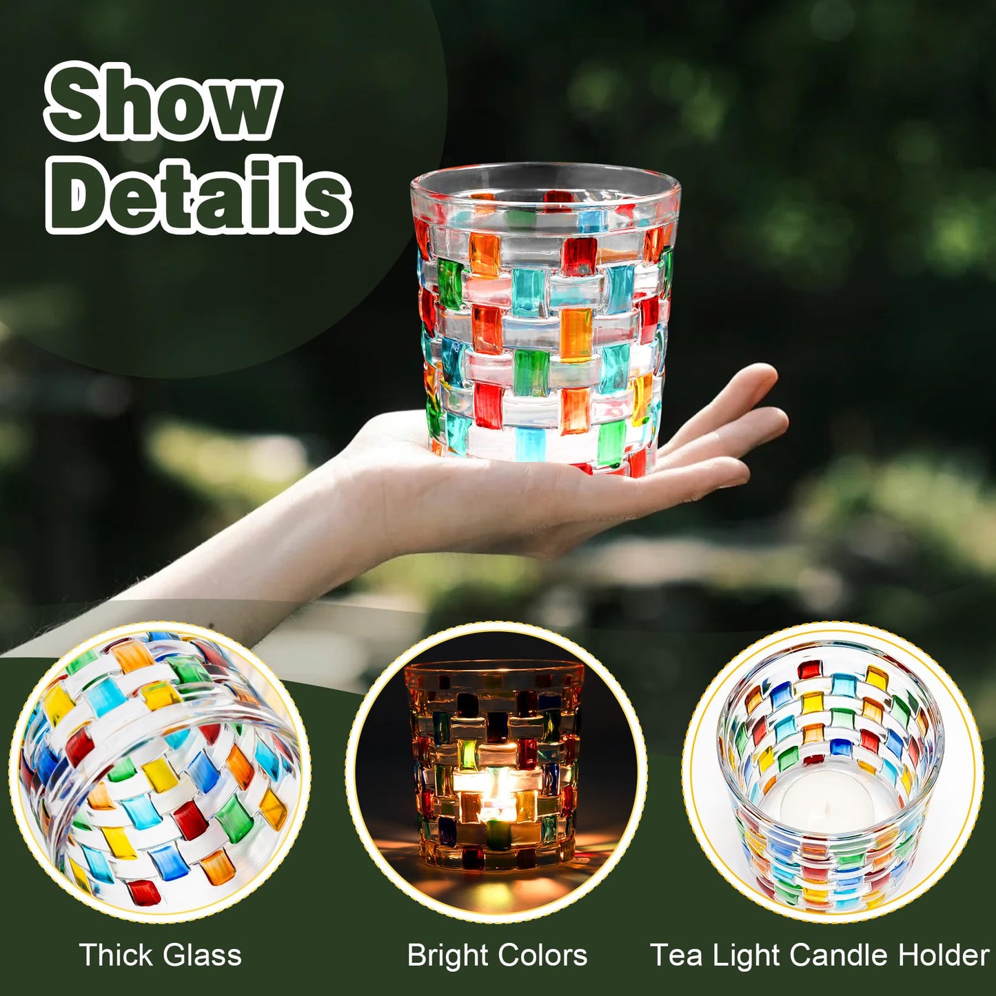 Toptime Tealight Candle Holder, Stained Glass Votive Candle Holder with Woven Pattern, Romantic Mosaic Tea Light Holder Cup for Table Centerpieces, Christmas, Birthday Party, Home Decor