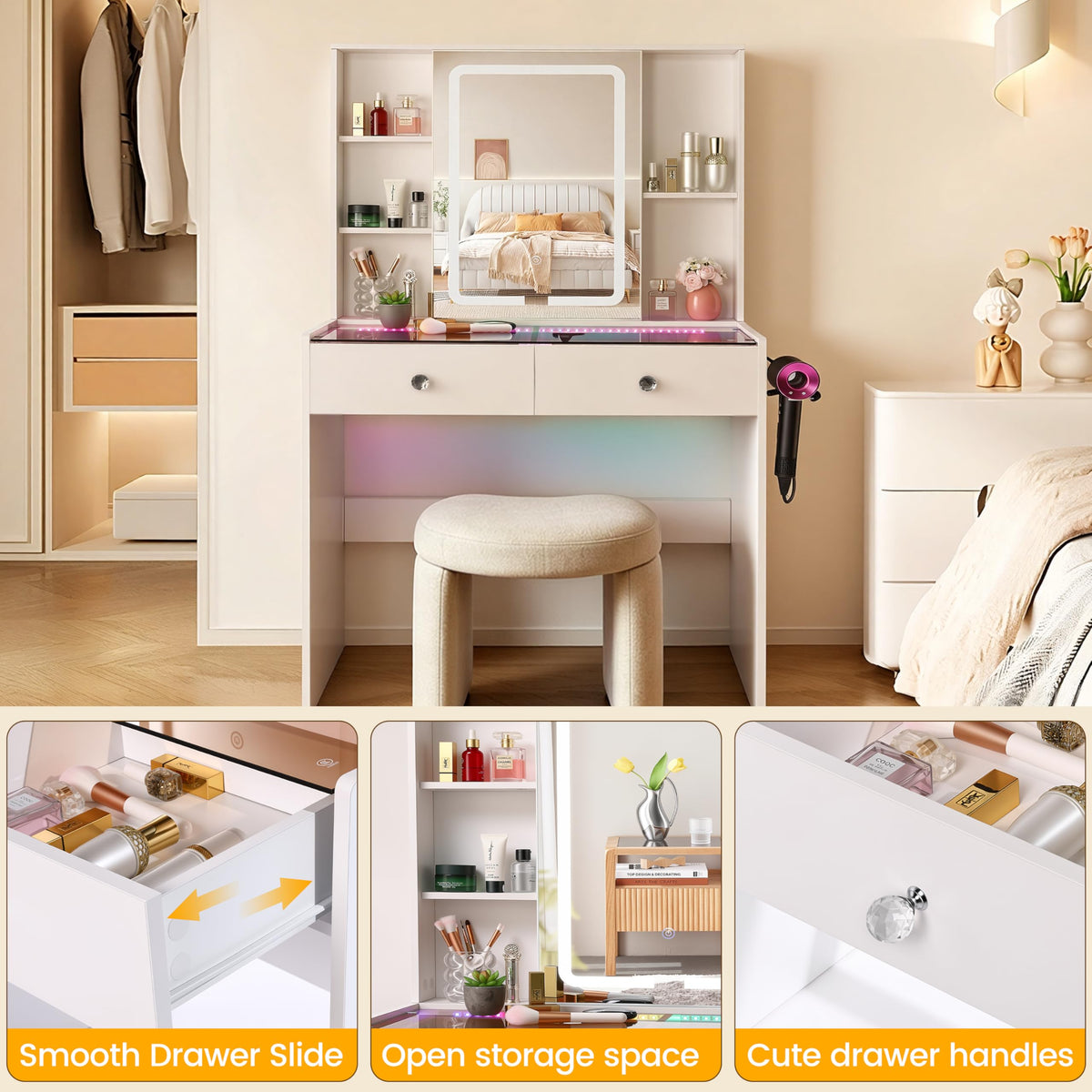 Cielozen Makeup Vanity Desk with LED Mirror & RGB Lights, Glass Top Vanity Table for Women, Adjustable Brightness & 3 Color Modes, 2 Drawers Storage, White Modern Bedroom Vanity Set