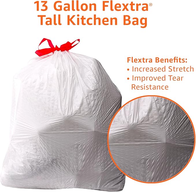 Amazon Basics Flextra Tall Kitchen Drawstring Trash Bags, 13 Gallon,