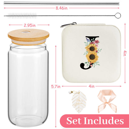 AYGXU galentines day gifts,Initial Glass Cup,Travel Jewelry Case,Small Jewelry Box Organizer, Mothers Day gifts,Initial J white