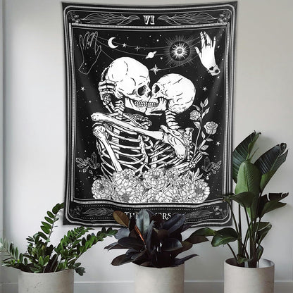 KJHL The Lovers Skull Wall Tapestry Black and White Skeleton Tapestry Gothic Room Decor Witchy Tapestries Aesthetic Wall Hanging for Bedroom Living Room 60" x 44"