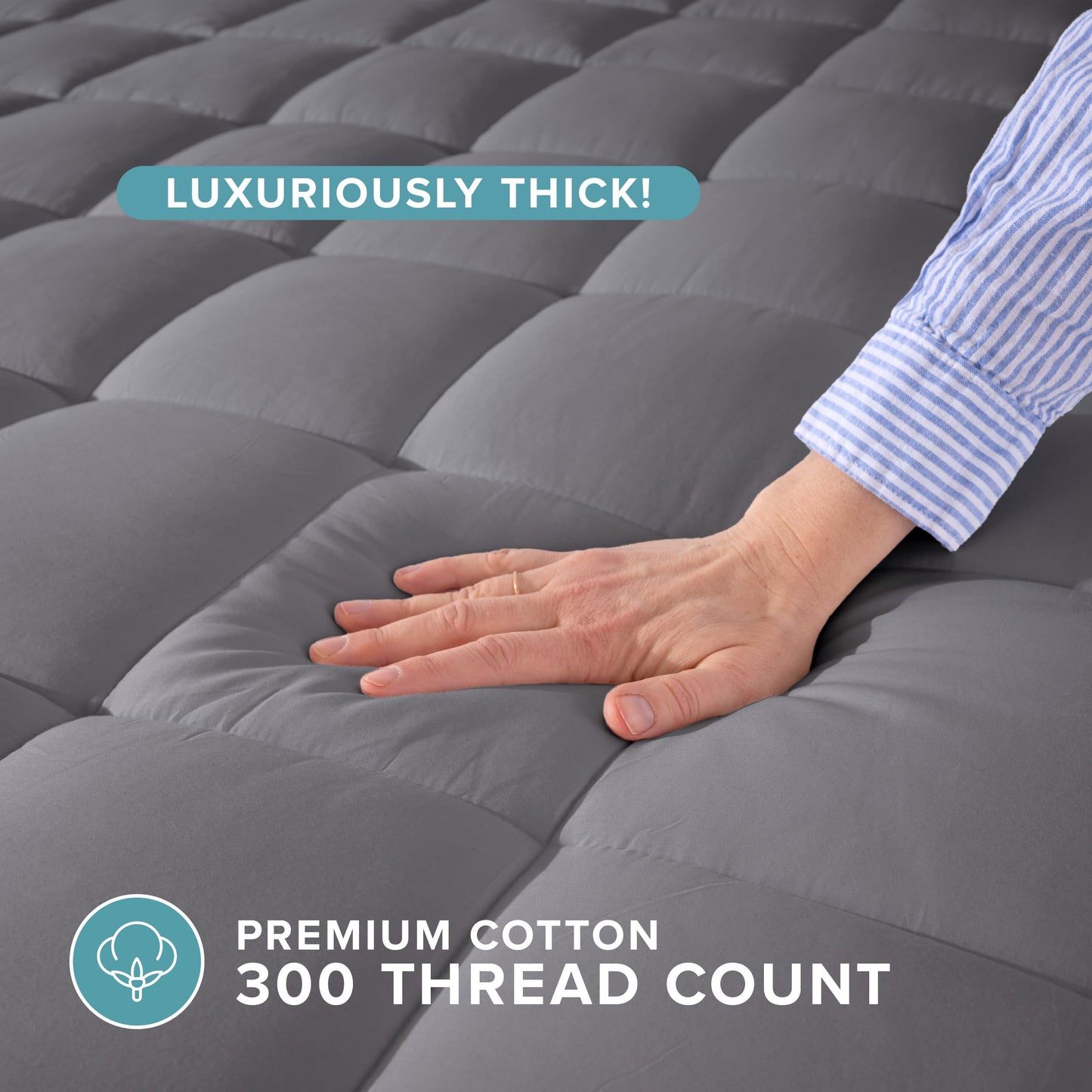 Bare Home Mattress Topper Cotton Top - Twin Extra Long - Plush Topper for Mattress - College Dorm Room Essentials - Cooling Breathable Air Flow - 8" to 21" Deep Pocket - Soft Bed Pad (Twin XL, Grey)