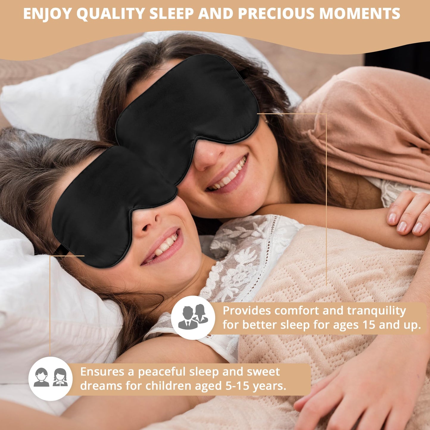 Kids Sleep Mask Eye Cover, 100% Real Natural Pure Silk Eye Mask with Adjustable Strap, Blindfold Kids Eye Mask for Sleeping, Eye Shade for Boys Girls and Adult, Pressure-Free Comfort (Black)